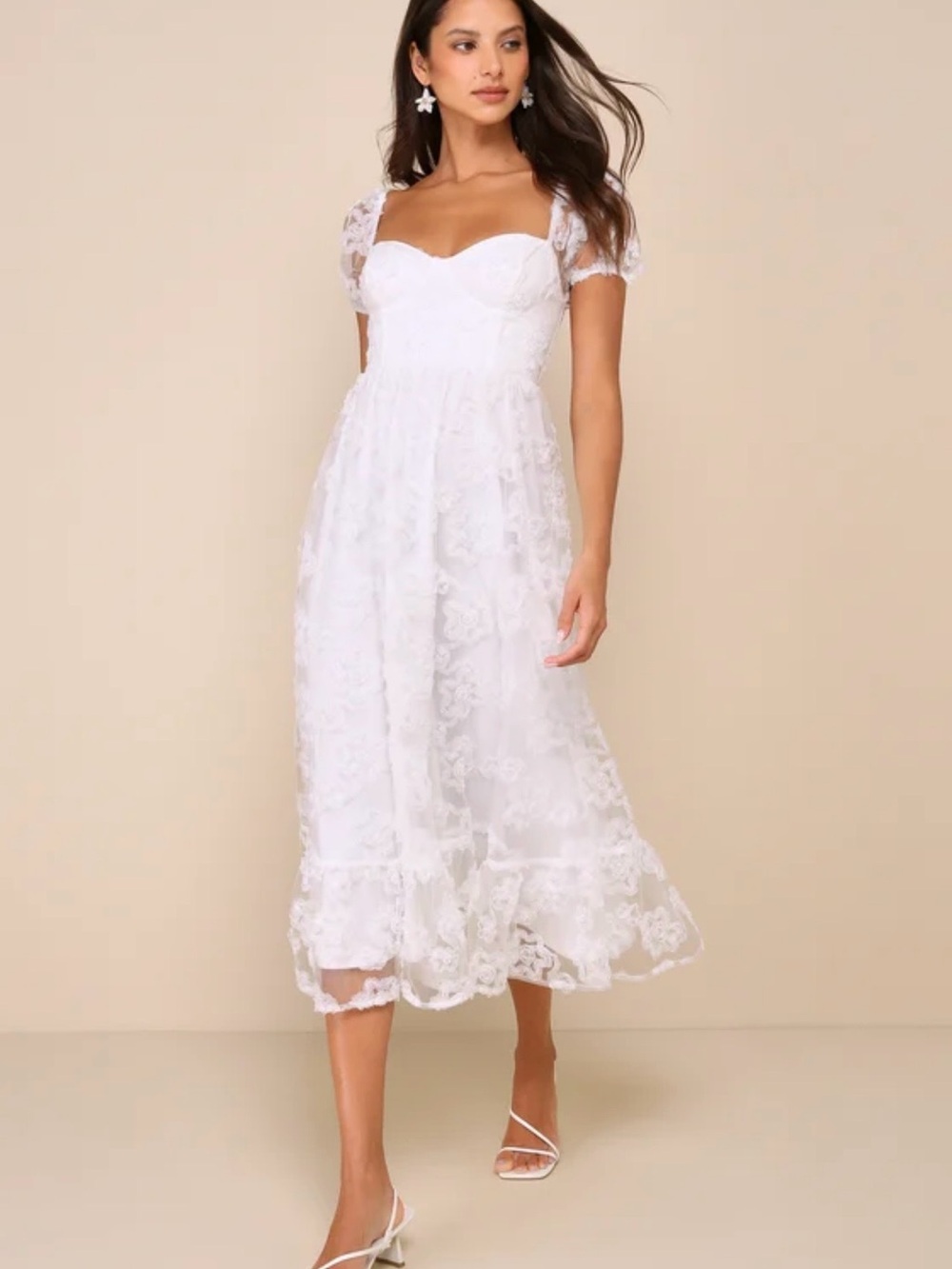 NWOT Lulu Notable Elegance White Mesh Floral Applique Bustier
Midi Dress
